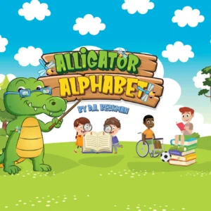 A cartoon of a green alligator with children around.