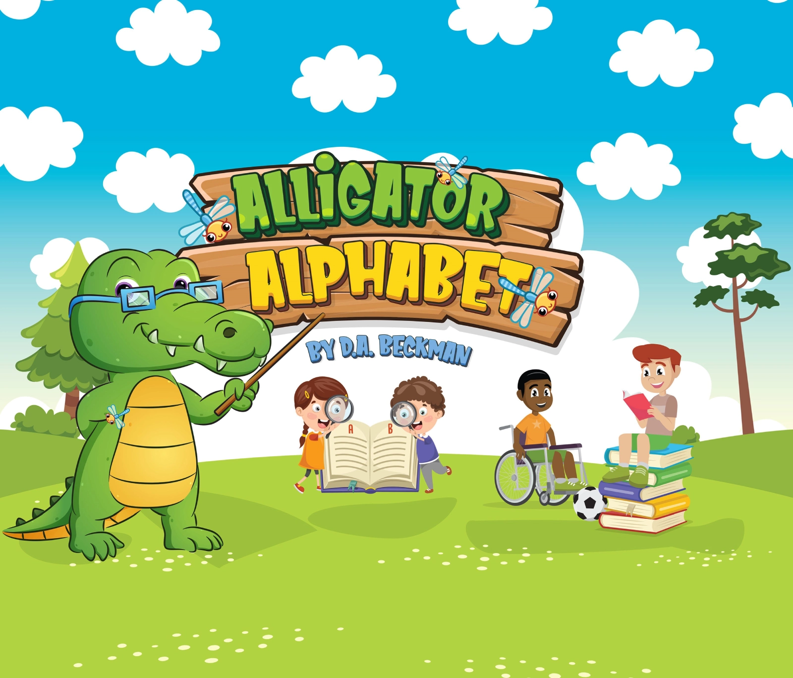 A cartoon of a green alligator with children around.