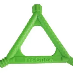 A green triangular chew toy is sitting on top of a table.