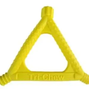 A yellow triangle shaped chew toy with the words " tri-chow ".