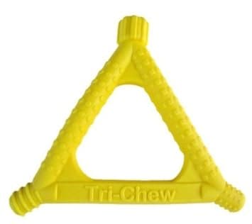 A yellow triangle shaped chew toy with the words " tri-chow ".