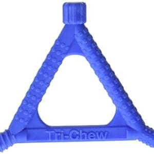 A blue teething toy is sitting on top of a table.