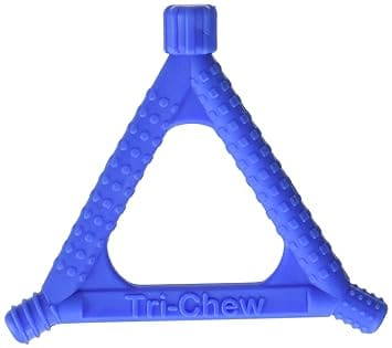 A blue teething toy is sitting on top of a table.